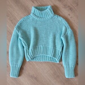 Free People Cropped Chunky Knit Turtleneck Sweater Aqua Blue XS